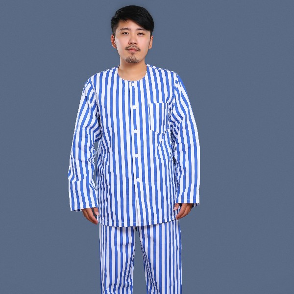 藍(lán)白條紋無領(lǐng)病號(hào)服